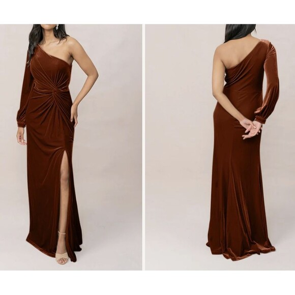 Revelry Aurora Rust Velvet Dress Women Size 8 One Shoulder Slit Bridesmaid -Flaw - Picture 1 of 15